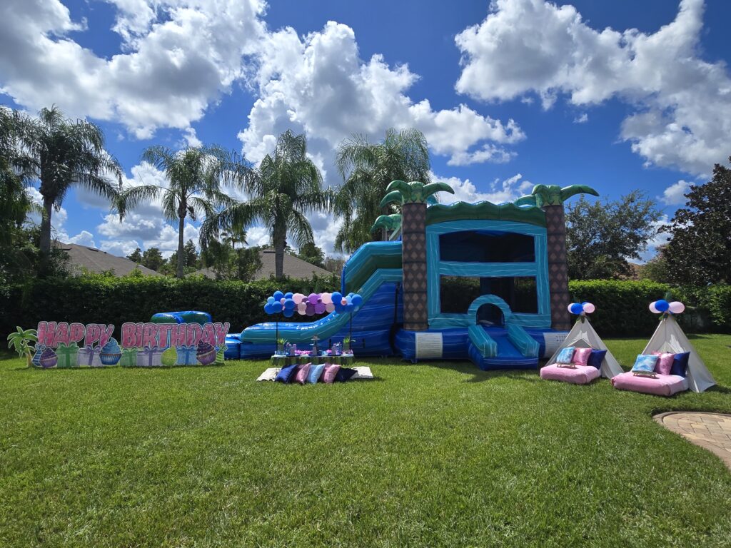 pink stitch bounce house birthday party