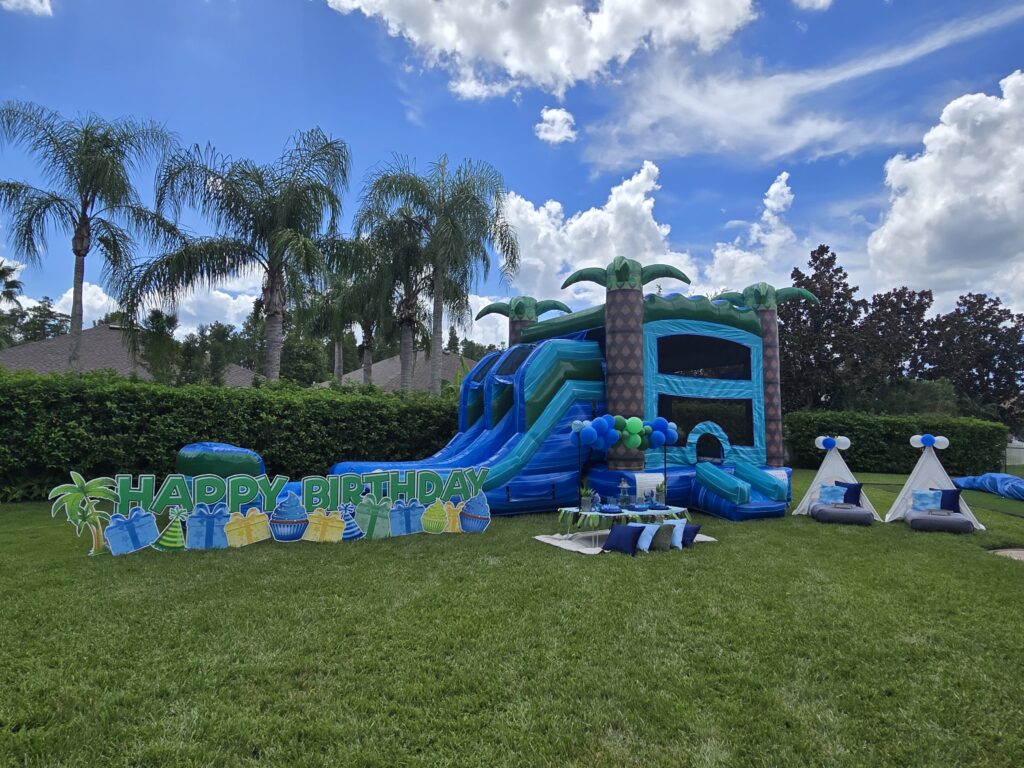 blue stitch bounce house birthday party