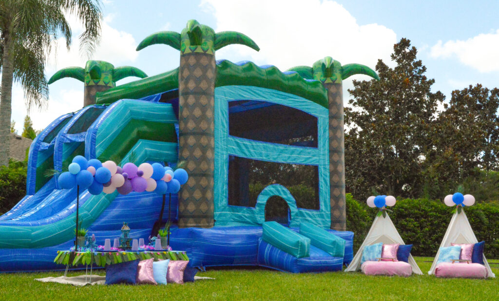 pink stitch bounce house birthday party