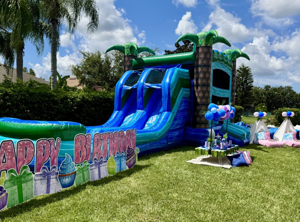 pink stitch bounce house birthday party