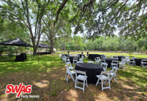 Graduation party tables and chairs setup